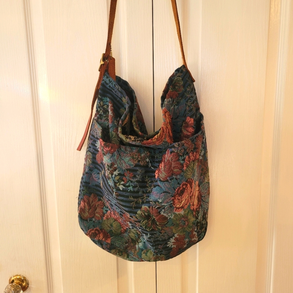 Tapestry Floral Hobo Bag with Brown Leather Strap